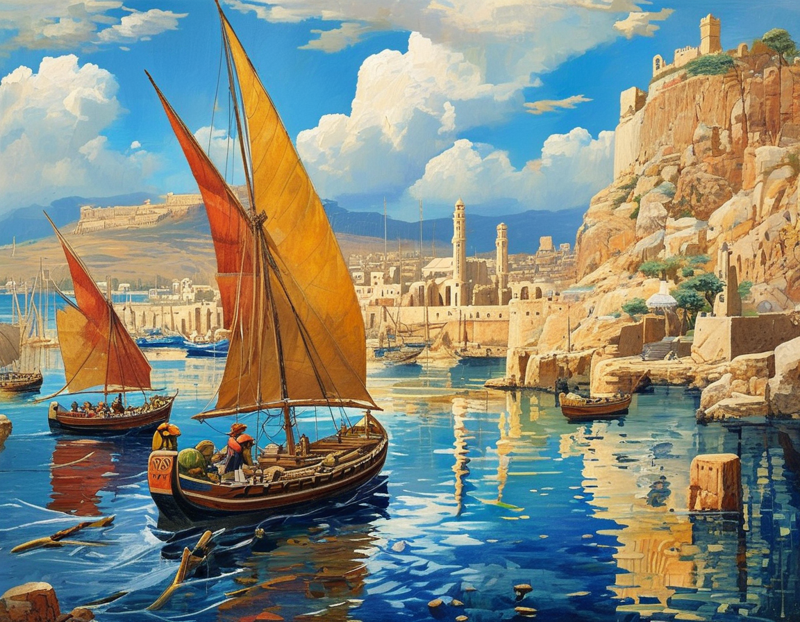A lively marketplace in ancient Carthage, showcasing merchants trading spices and textiles from various lands, symbolizing the richness of Phoenician trade practices.