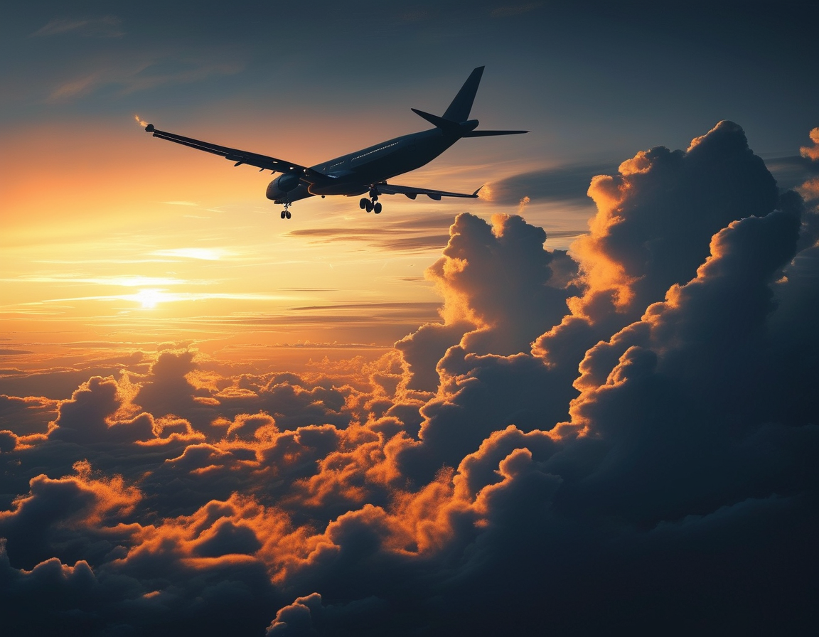 A somber image depicting a silhouette of a plane flying against a darkening sky, symbolizing the rising concerns and fears surrounding airline safety in 2024.