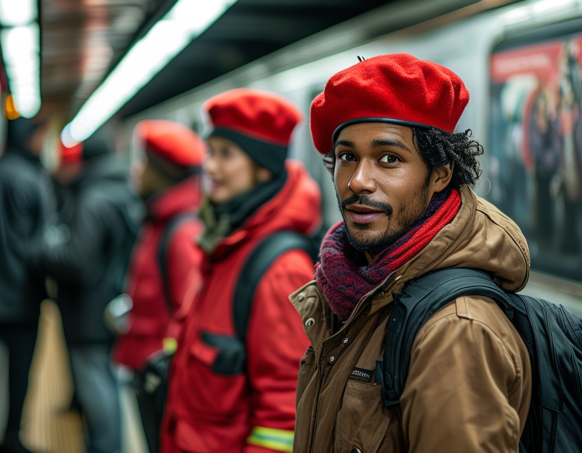A group of Guardian Angels members in bright red berets and jackets patrolling a subway station in New York City, engaged in discussions with commuters and offering assistance to the homeless.