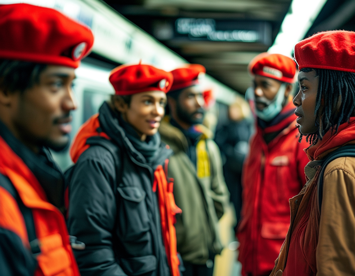 A busy New York City subway station with an increased police presence, showcasing uniforms that create a sense of security among commuters during rush hour.