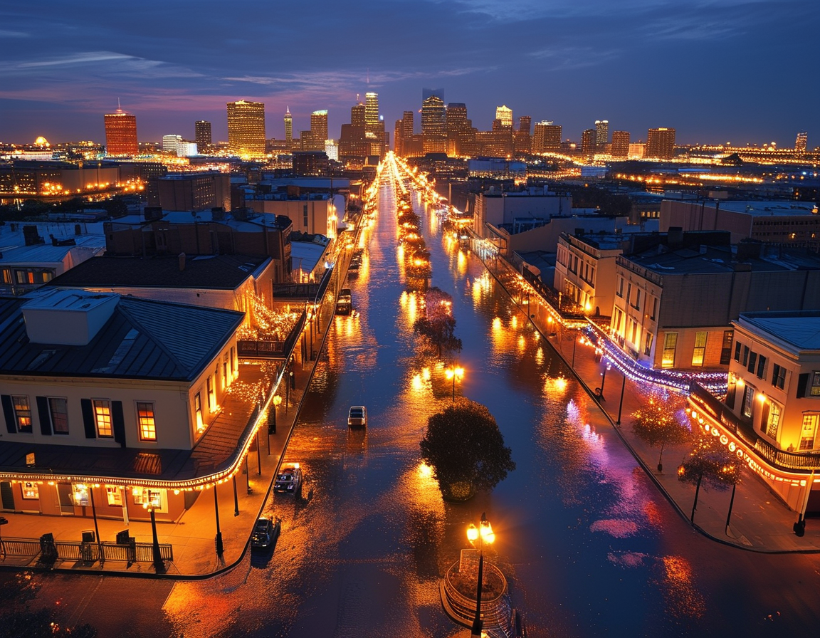 An aerial view of Bourbon Street in New Orleans lit up for New Year's celebrations, with a somber atmosphere following the recent attack, highlighting both the festive nature and the tragedy experienced.