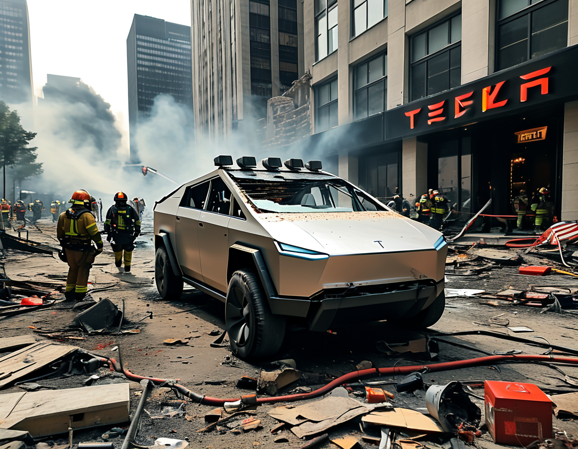 The aftermath of a Tesla Cybertruck explosion outside the Trump International Hotel, with emergency responders working diligently amidst chaos and debris.