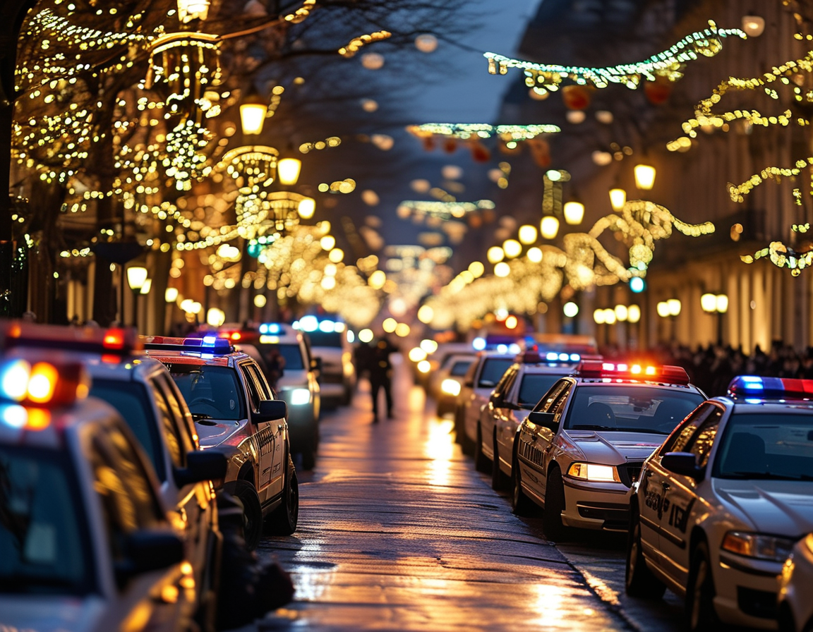 A chaotic scene on Bourbon Street with police cars and emergency responders amidst a backdrop of festive decorations, symbolizing the transformation of celebration into tragedy.