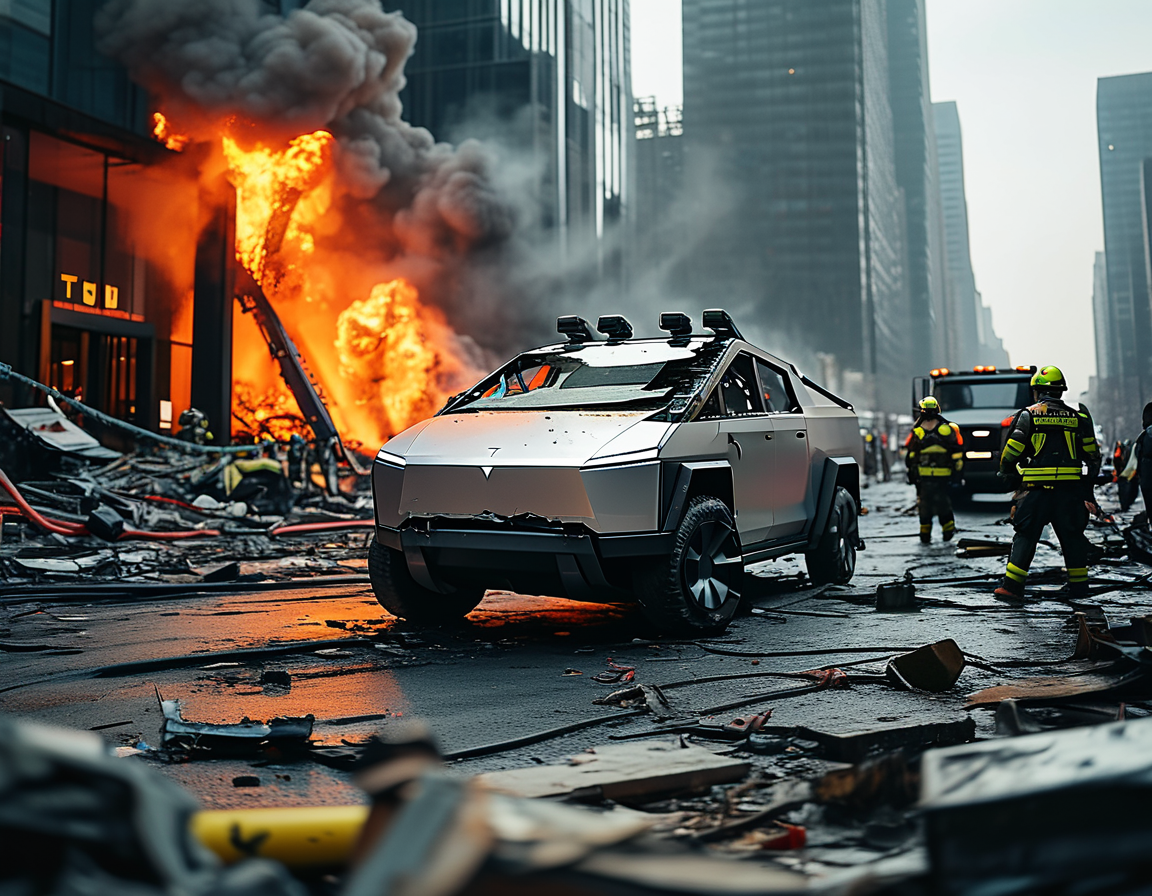 A scorched Tesla Cybertruck surrounded by police and emergency personnel, highlighting the severity of the incident in a normally vibrant Las Vegas setting.