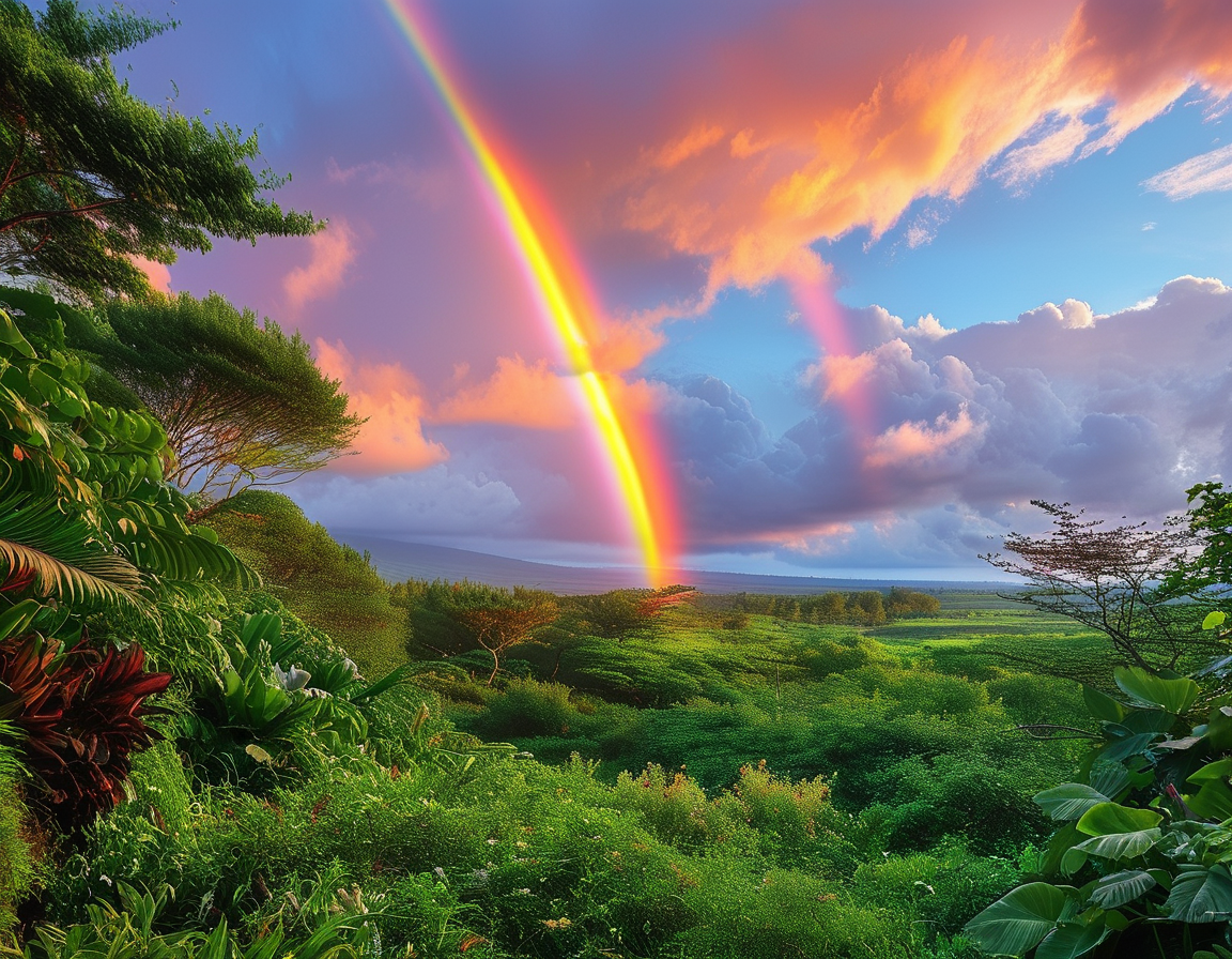 A picturesque view of flaming rainbows arching over the lush landscapes of Hawaii, with vibrant colors and soft clouds in the background, reflecting the beauty of nature.