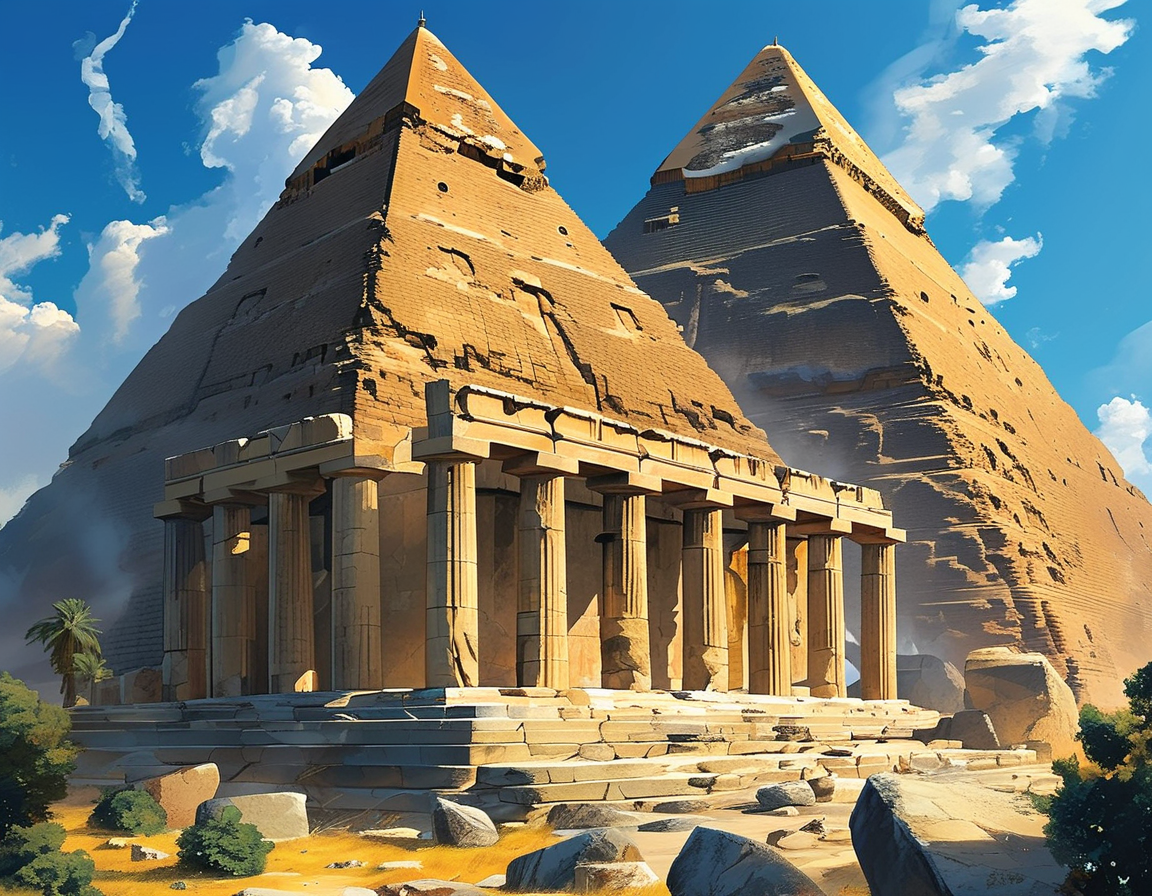 An illustration contrasting the Parthenon of Greece and the Pyramids of Giza, showcasing architectural details and the cultural significance of each structure.