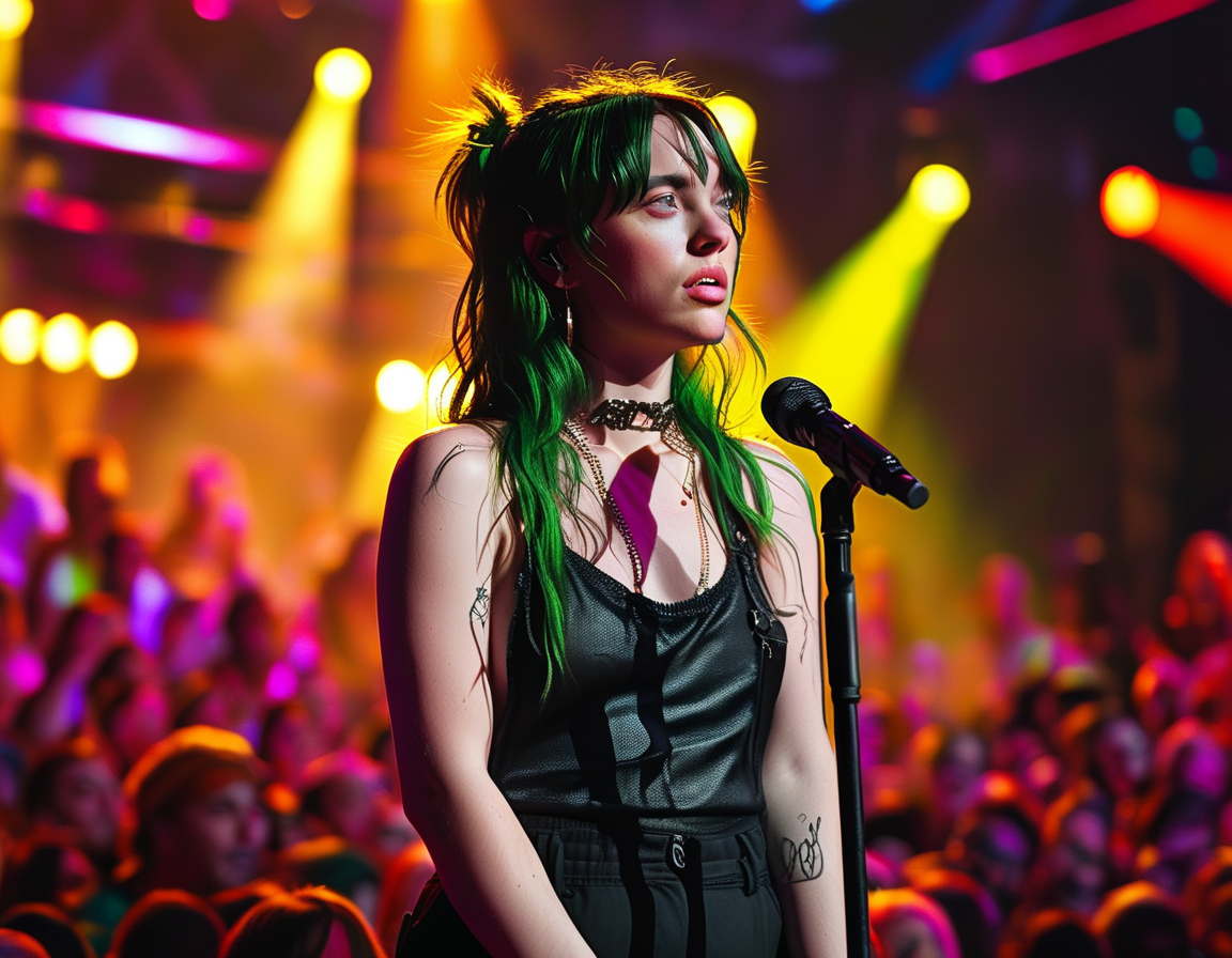 A vibrant graphic displaying 'BIRDS OF A FEATHER' as the most-streamed song on Spotify, featuring visual elements that represent Billie Eilish's unique style and fanbase.