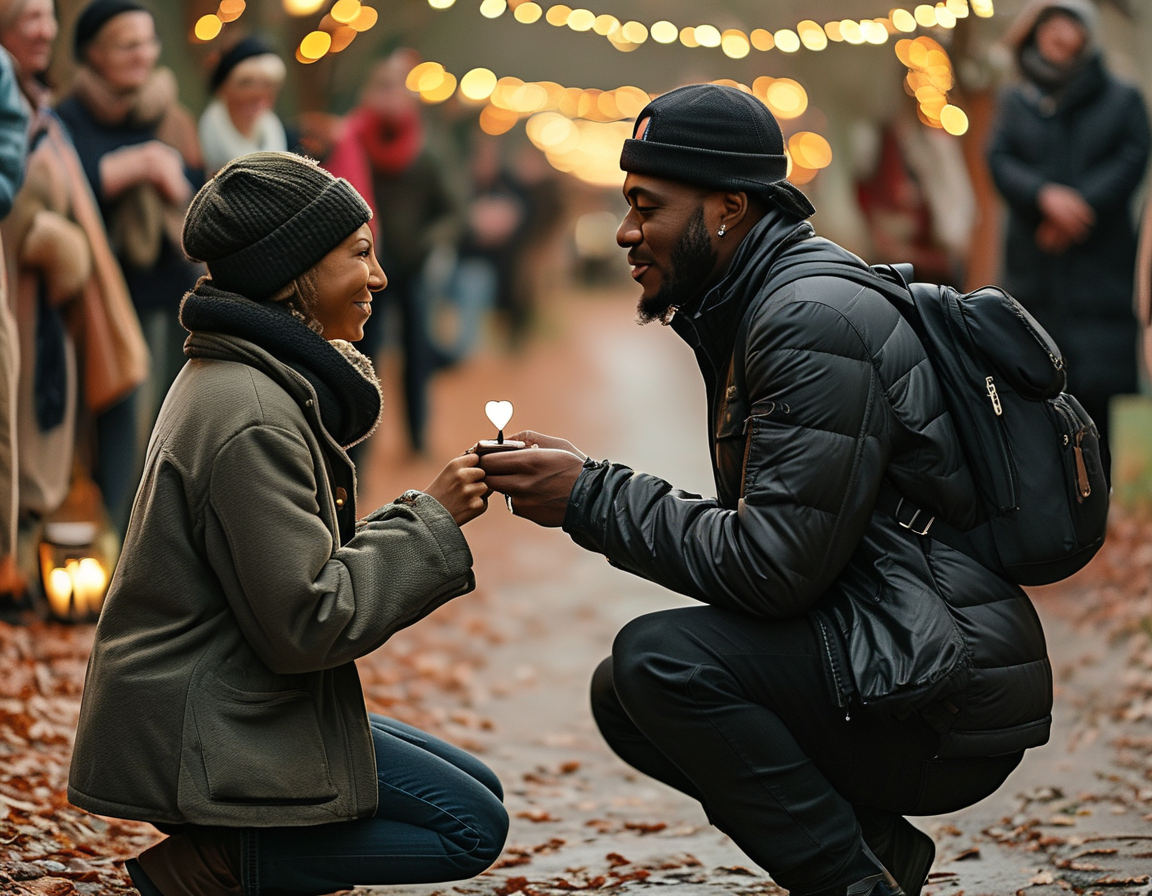 A cozy holiday scene featuring MrBeast kneeling with a ring in hand, surrounded by family, capturing the intimate moment of his proposal to Thea Booysen.