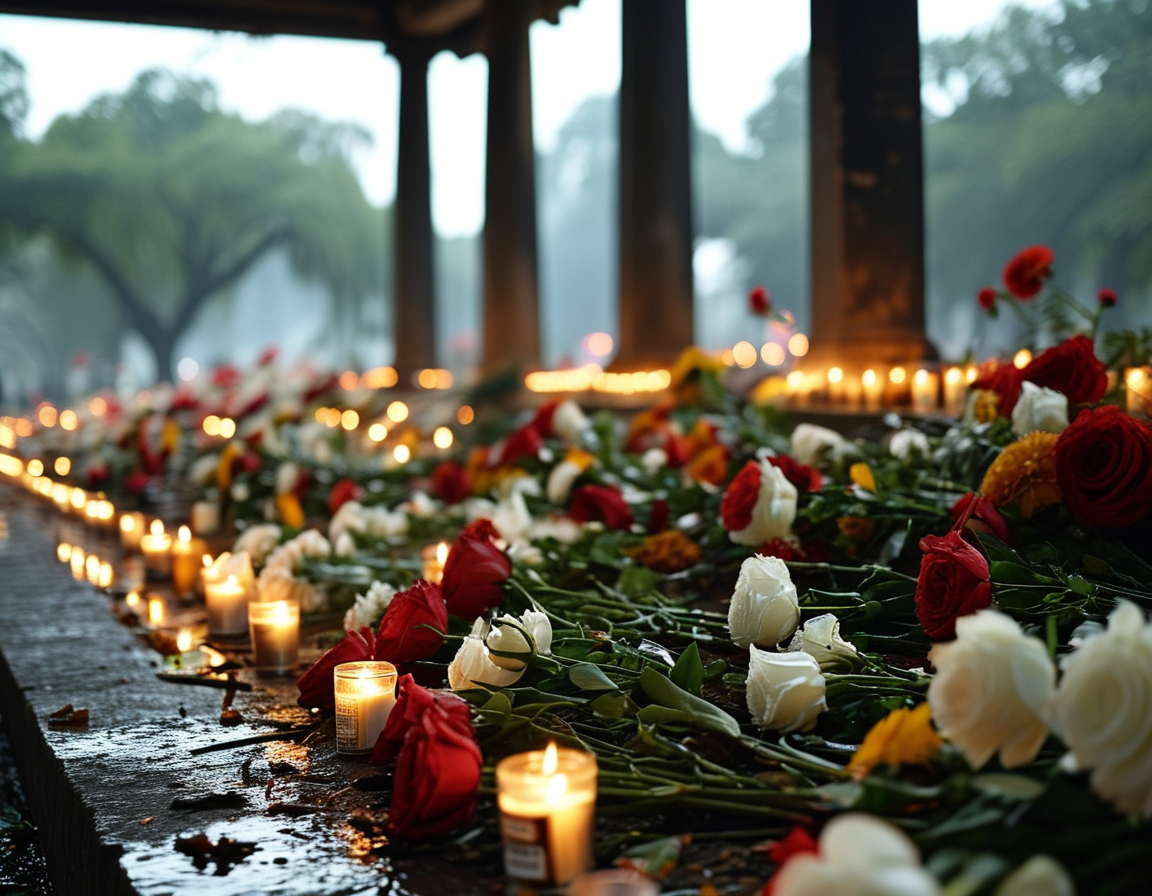 A somber scene depicting flowers and candles at a makeshift memorial in New Orleans, honoring the victims of the tragic attack linked to Shamsud Din Jabbar, reflecting community mourning and resilience.