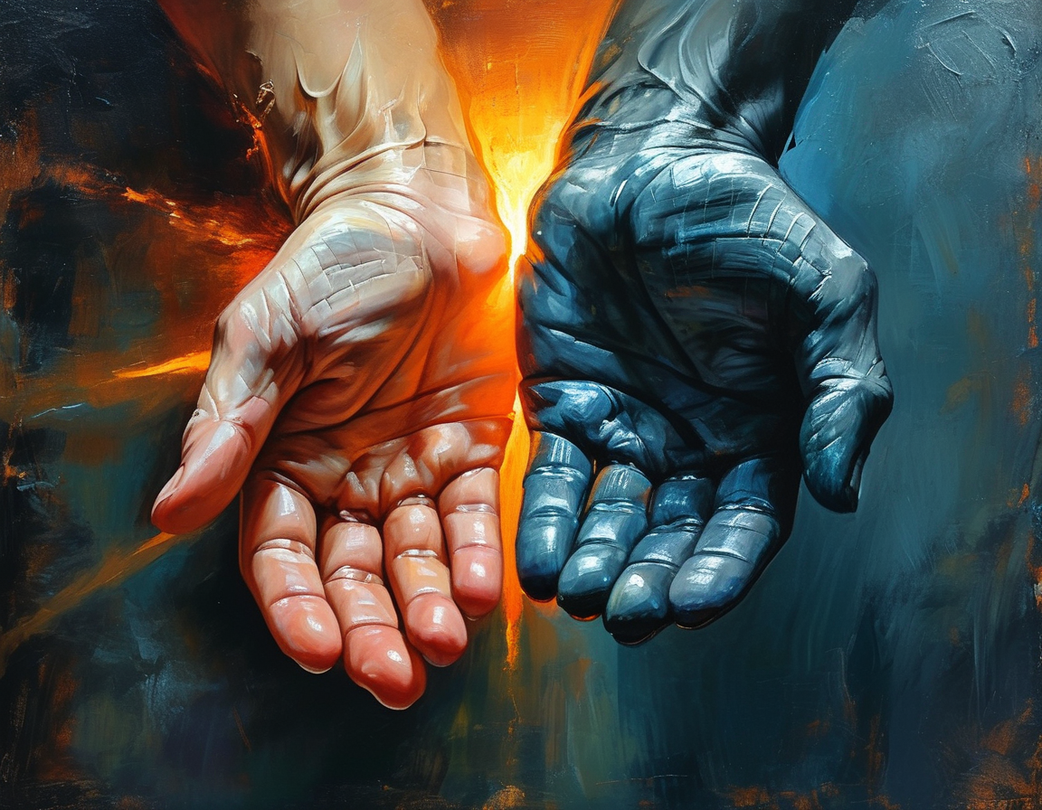 A close-up of two hands: one hand being held up with a soft light surrounding it, signifying warmth and emotional support, while the other hand fades into darkness, illustrating loneliness.