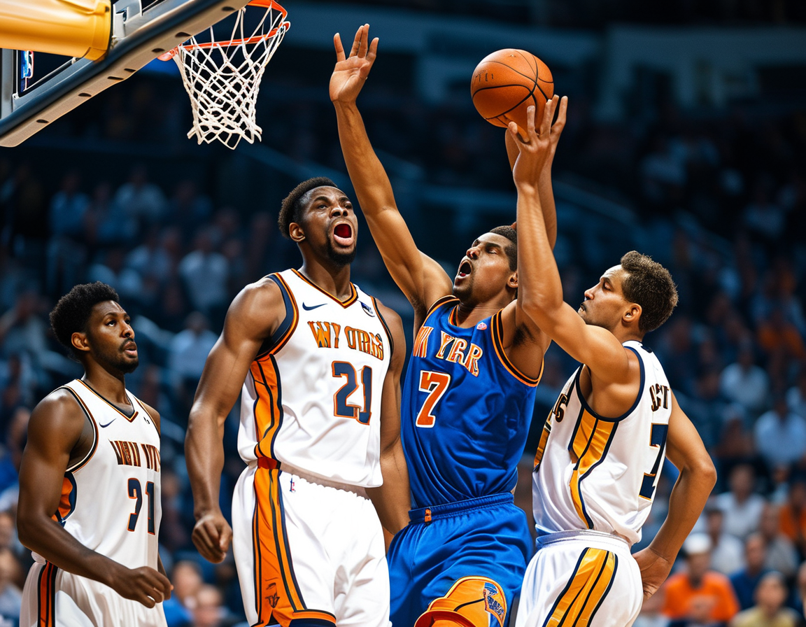 An intense basketball game scene with players from the New York Knicks in blue uniforms battling against the Utah Jazz in white jerseys, highlighting the teamwork and competitive spirit on the court.