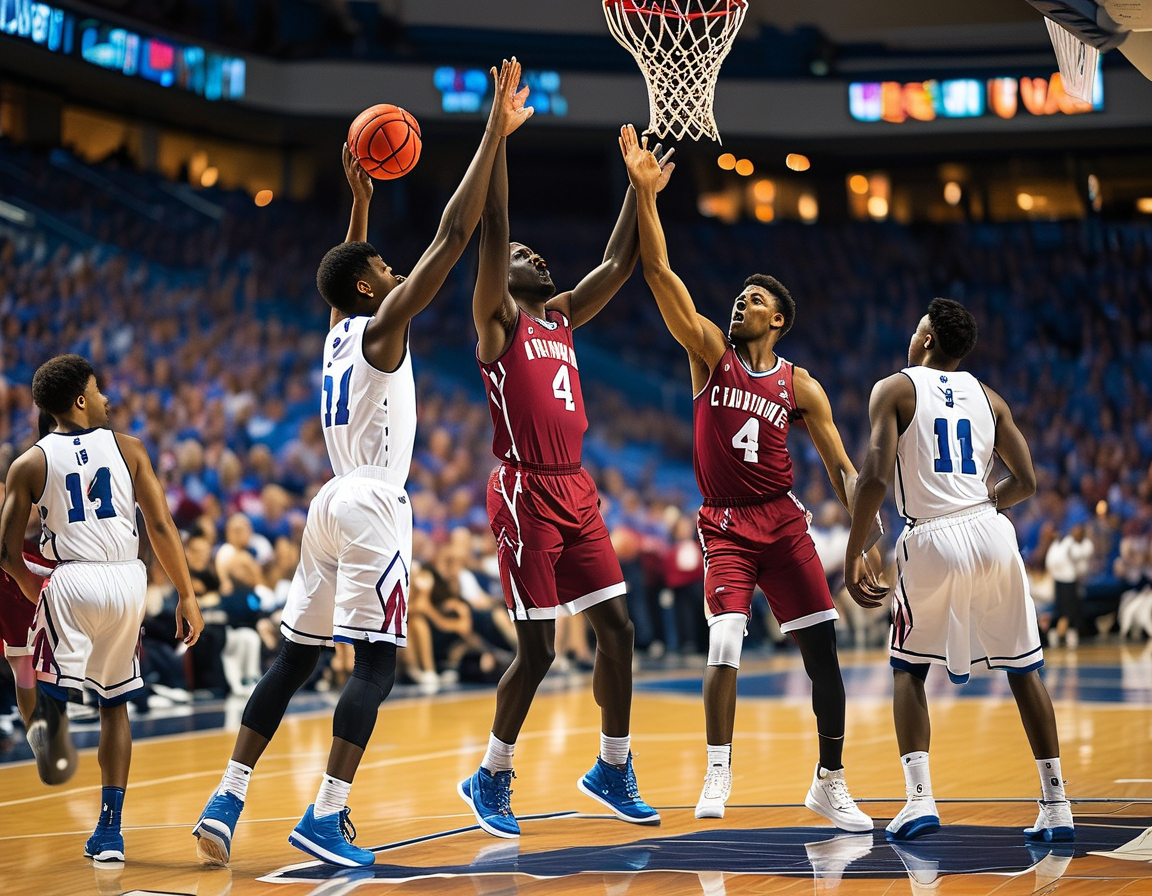 A tense moment during the UNC vs. Louisville basketball game, showing the Tar Heels' players in action as they attempt to rally back during the second half.