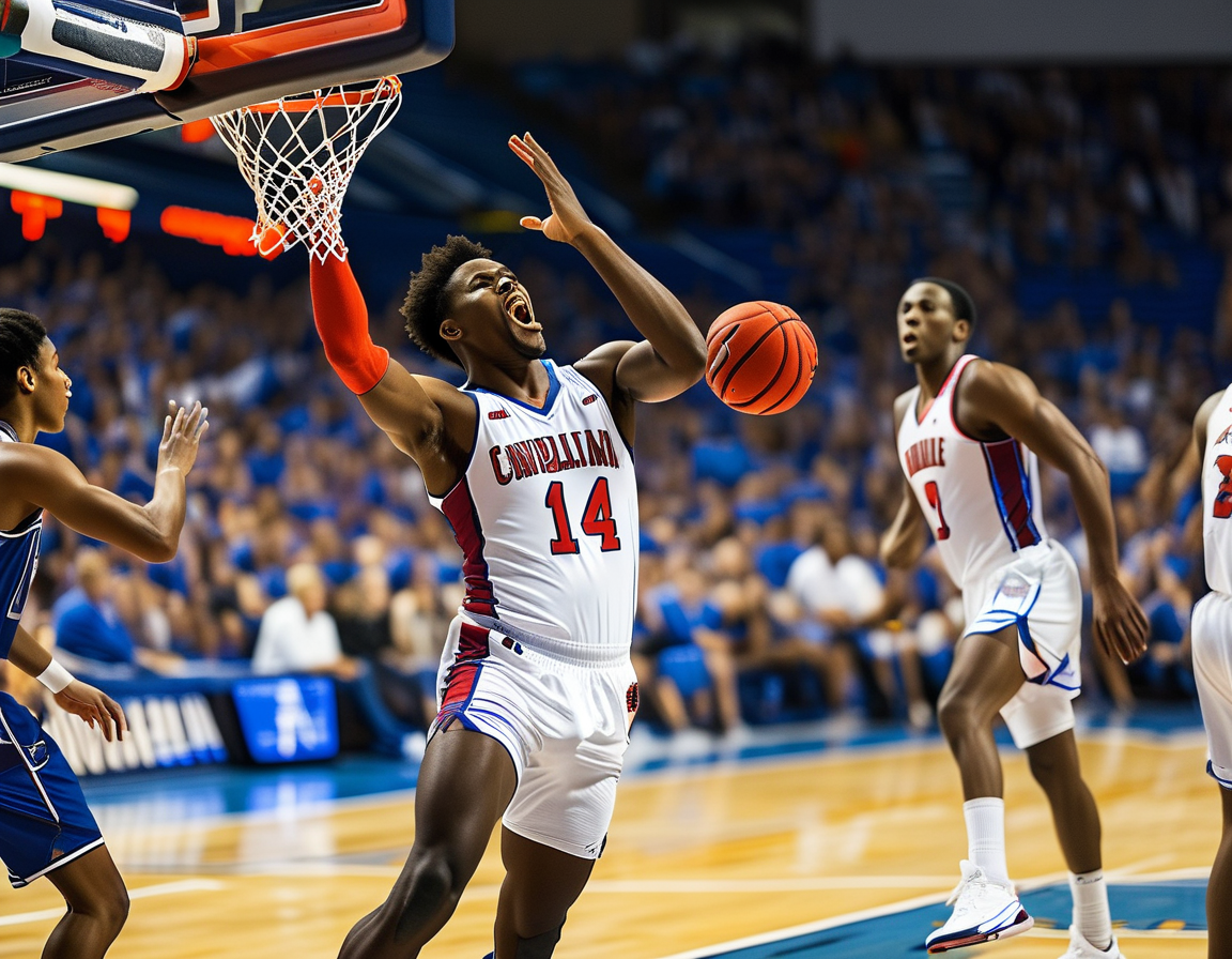 Ian Jackson driving to the basket against Louisville defenders, showcasing his skill and determination in scoring vital points for UNC.