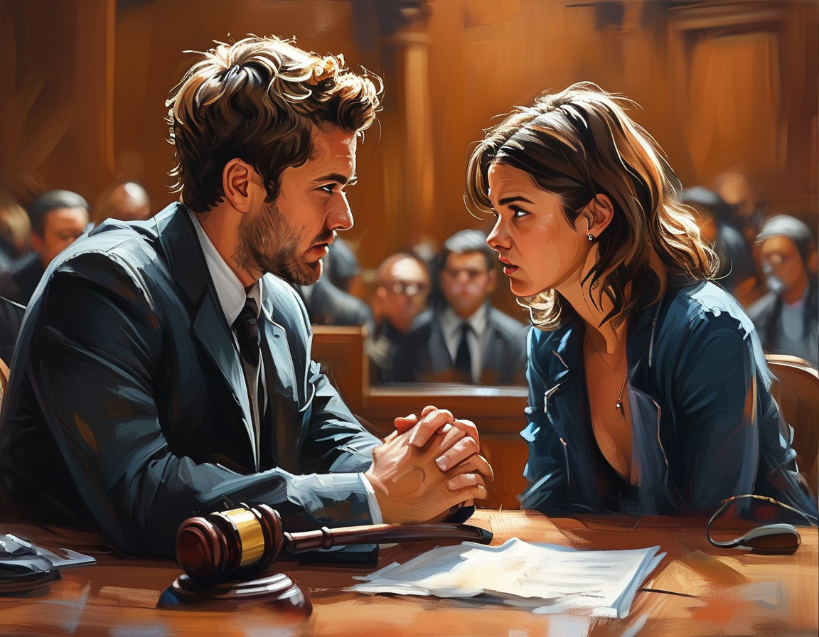 An illustration depicting a tense courtroom scene where Justin Baldoni and Blake Lively face off, embodying the drama and high stakes of their legal battle, with media reporters capturing every moment.