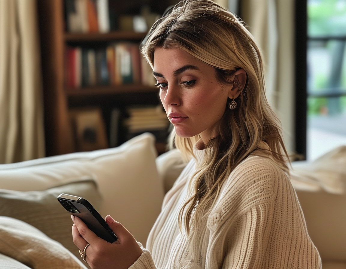 A split image featuring Justin and Hailey Bieber, each looking serious, with social media notifications popping up around them, illustrating the pressure of public opinion.