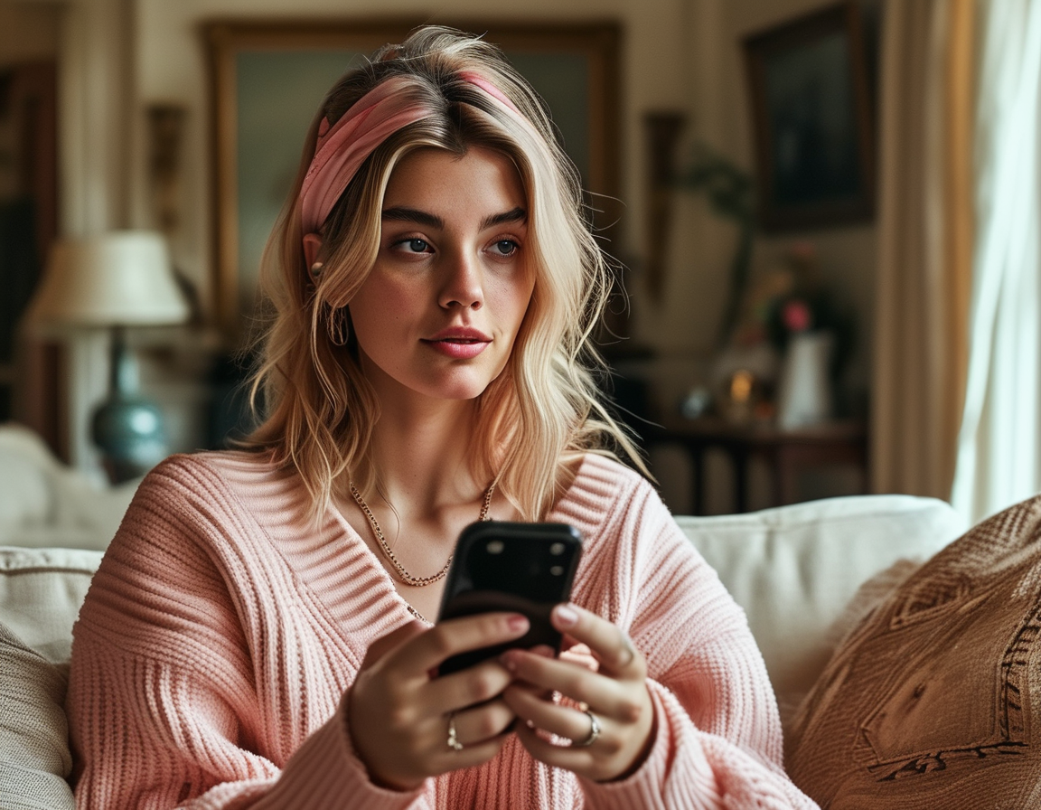 A close-up of Hailey Bieber's hand holding a phone displaying her recent Instagram stories, with an overlay of comments and speculation in the background, representing the ongoing gossip.