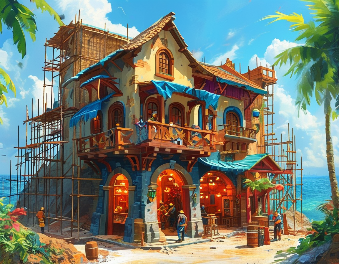 A vibrant depiction of the new Pirates of the Caribbean tavern under construction in Adventureland, showcasing a blend of tropical aesthetics and pirate-themed architecture with construction workers and colorful scaffolding around it.
