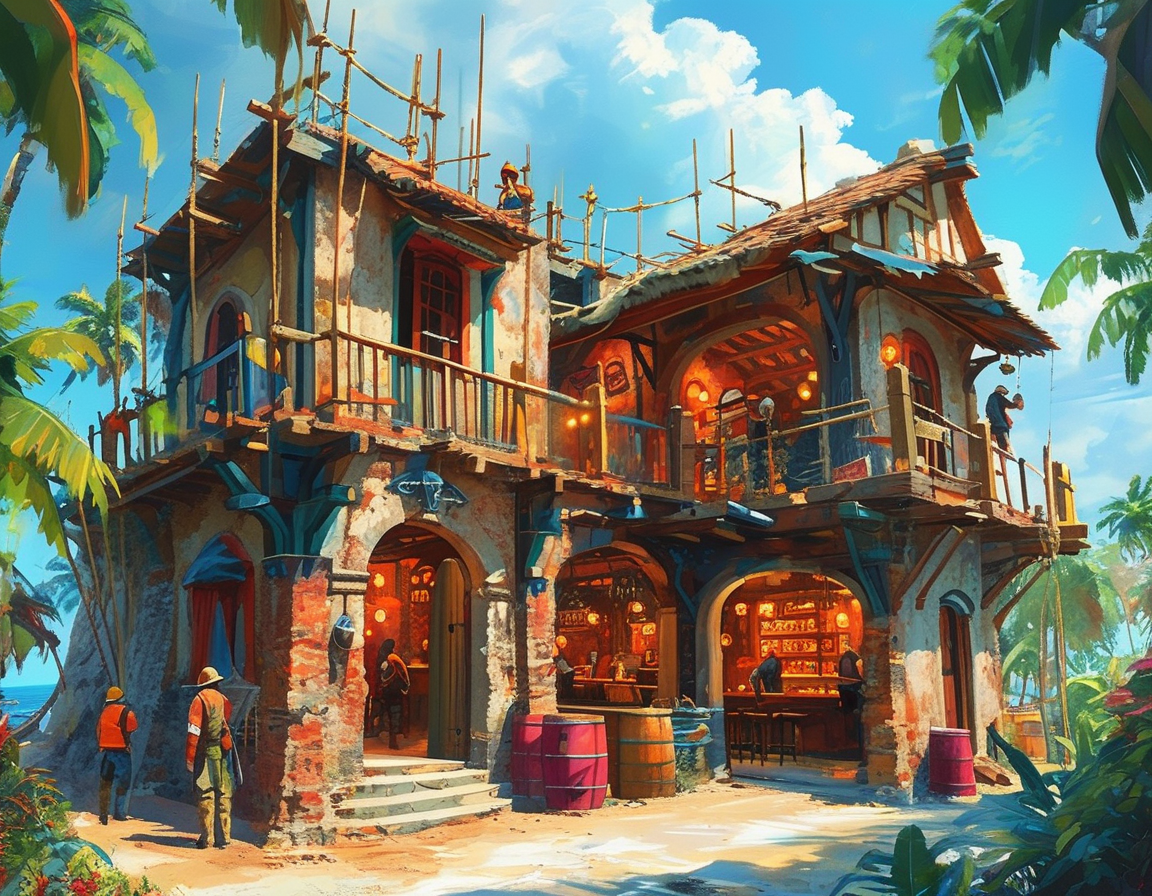 An artist's rendering of the interior of the upcoming tavern, filled with pirate artifacts, dim lighting, and families enjoying a meal amidst tales of adventure and treasure.