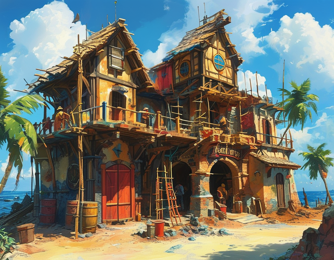 A nostalgic image of Peg-Leg Pete, the Barker Bird, welcoming guests at the entrance of the tavern, surrounded by pirate decor and lively atmosphere, reminiscent of past Disney magic.