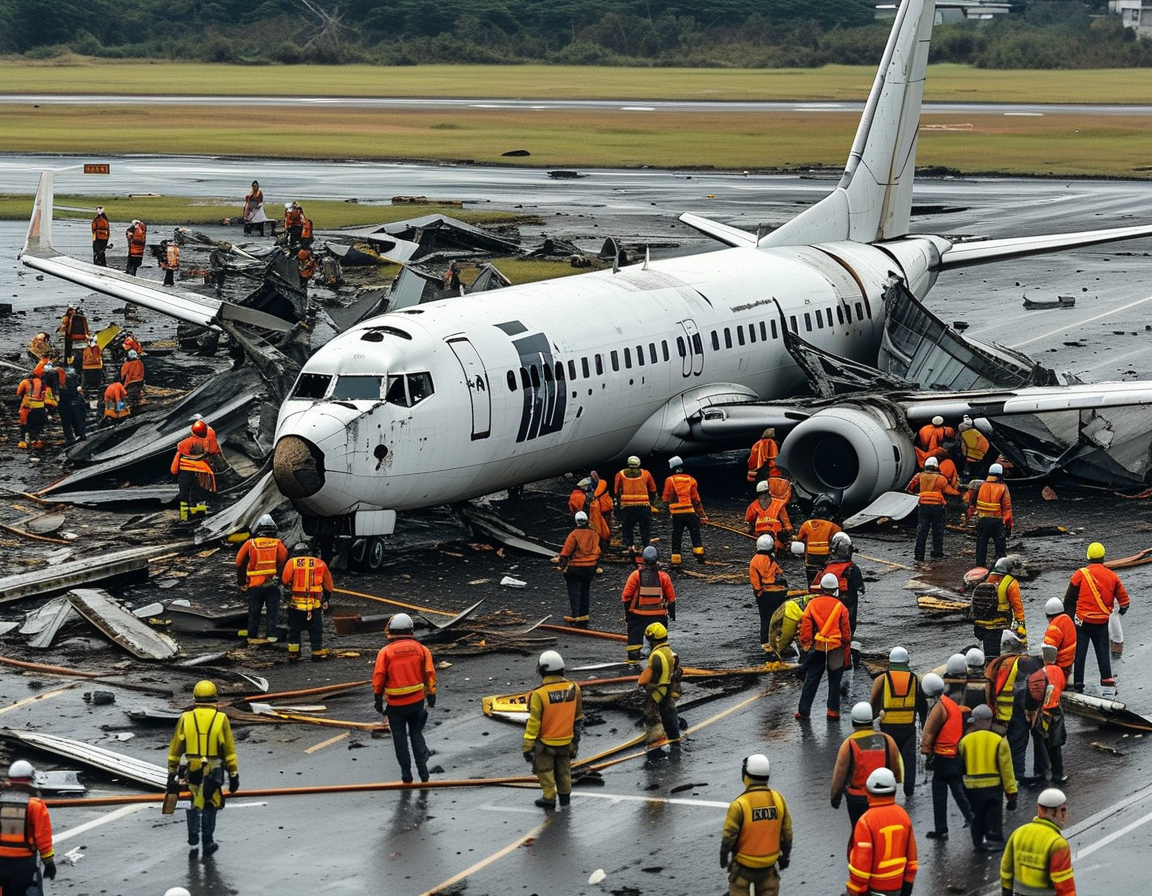 An image depicting the wreckage of the crashed Boeing 737-800 at Muan International Airport, surrounded by emergency responders and investigators assessing the scene.