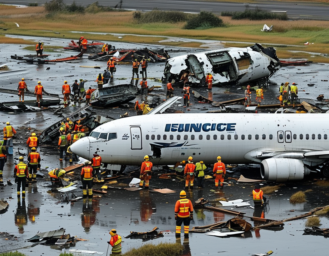 A somber gathering at Muan International Airport, where anxious families wait for news about the crash, reflecting the deep sense of loss and sorrow in the community.