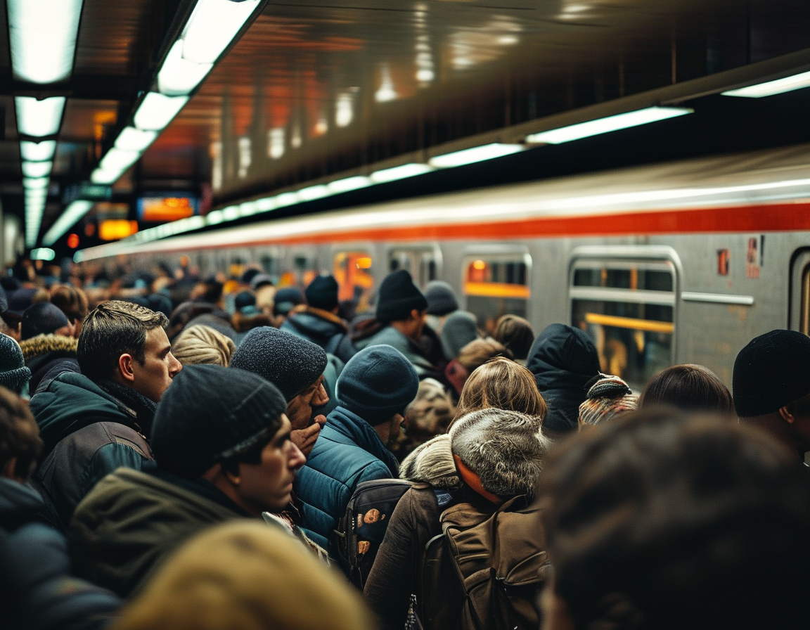 A busy Manhattan subway station with passengers anxiously waiting for trains, showcasing a tense atmosphere after a violent incident. The image captures a diverse crowd, emphasizing urban life while hinting at safety concerns. 