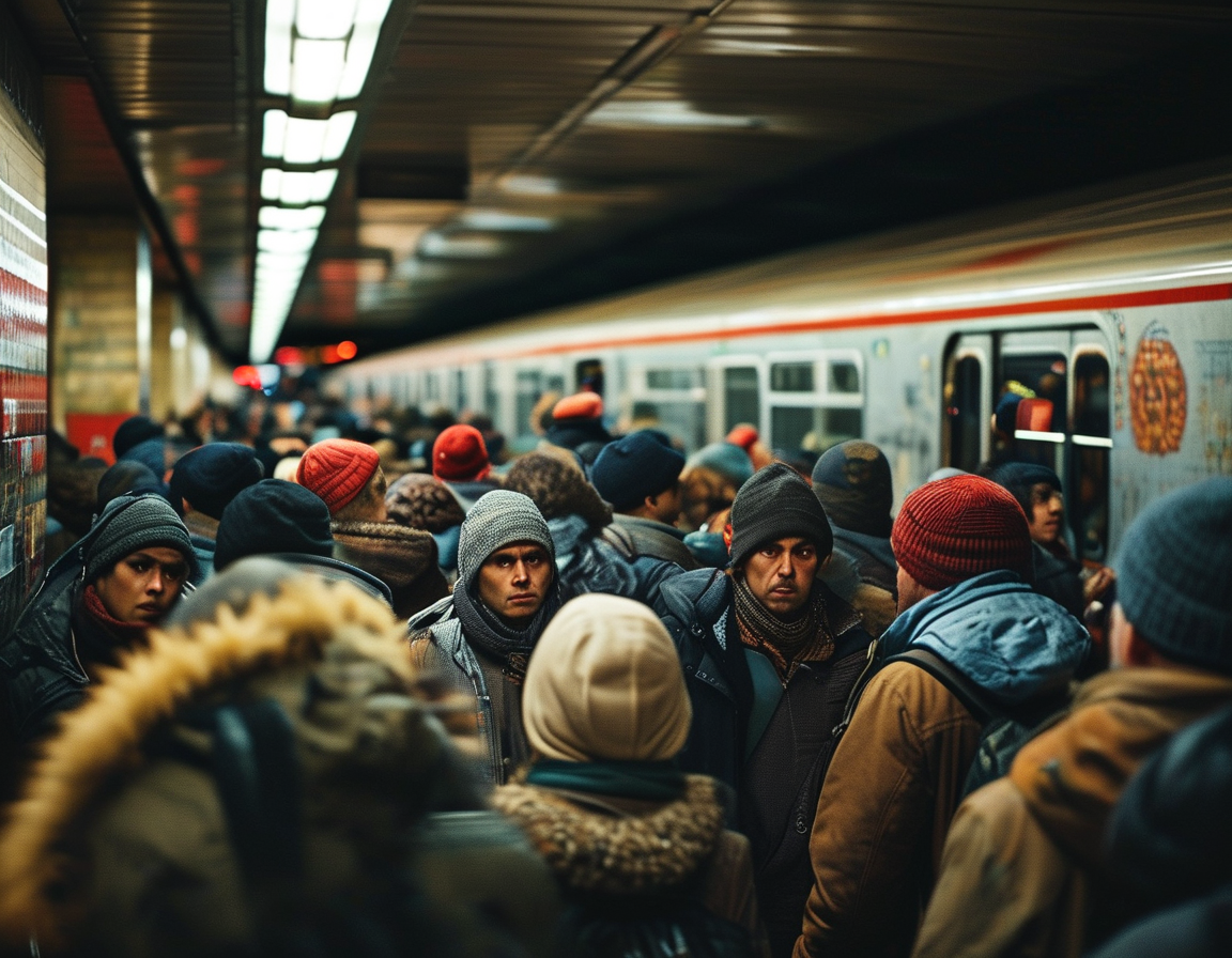 A close-up shot of a subway platform with security cameras visibly placed, symbolizing the measures taken to enhance safety, yet also conveying the feeling of vulnerability among commuters after recent events.