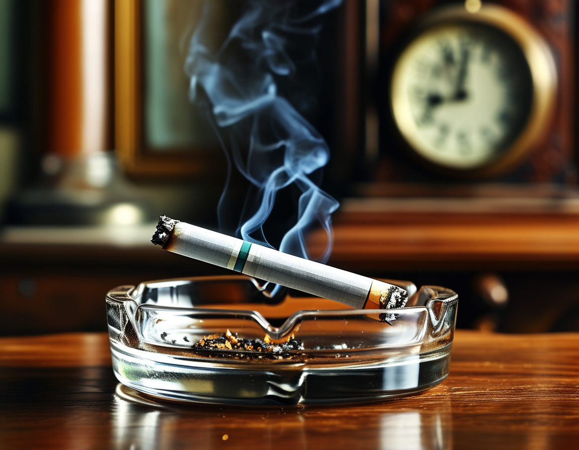 A somber image depicting a cigarette resting in an ashtray, with a clock in the background symbolizing time lost due to smoking, emphasizing the health risks associated with the habit.