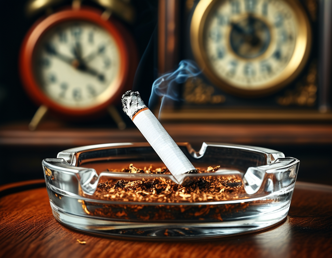 A close-up of a person's hand holding a cigarette, with a faint overlay of a clock, representing the minutes lost with every cigarette smoked, fostering reflection on smoking's consequences.