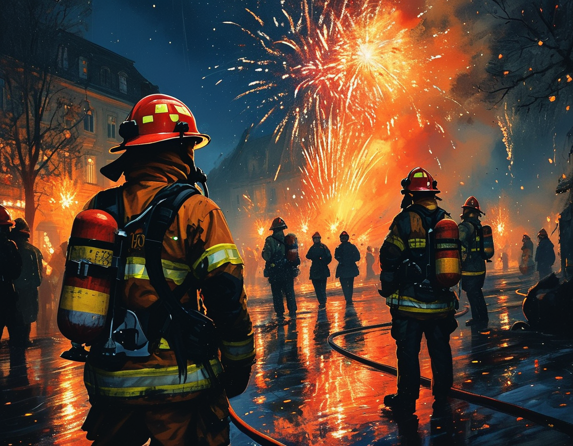 A dramatic scene from Germany's New Year’s Eve celebrations showing emergency services responding to a fire, with fireworks in the background, illustrating the chaos of the night.