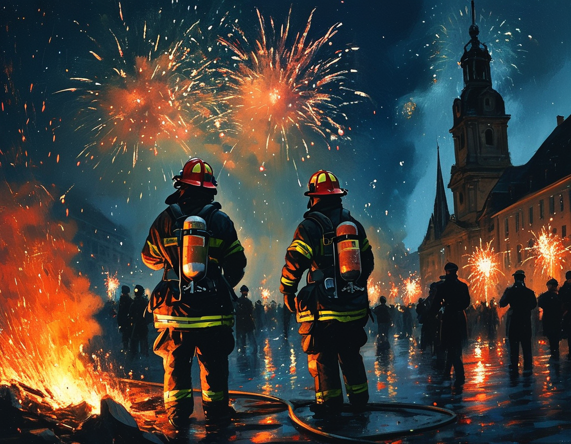 Police officers confronting a crowd during New Year’s celebrations in Germany, with fireworks lighting up the night sky and highlighting the tension of the situation.