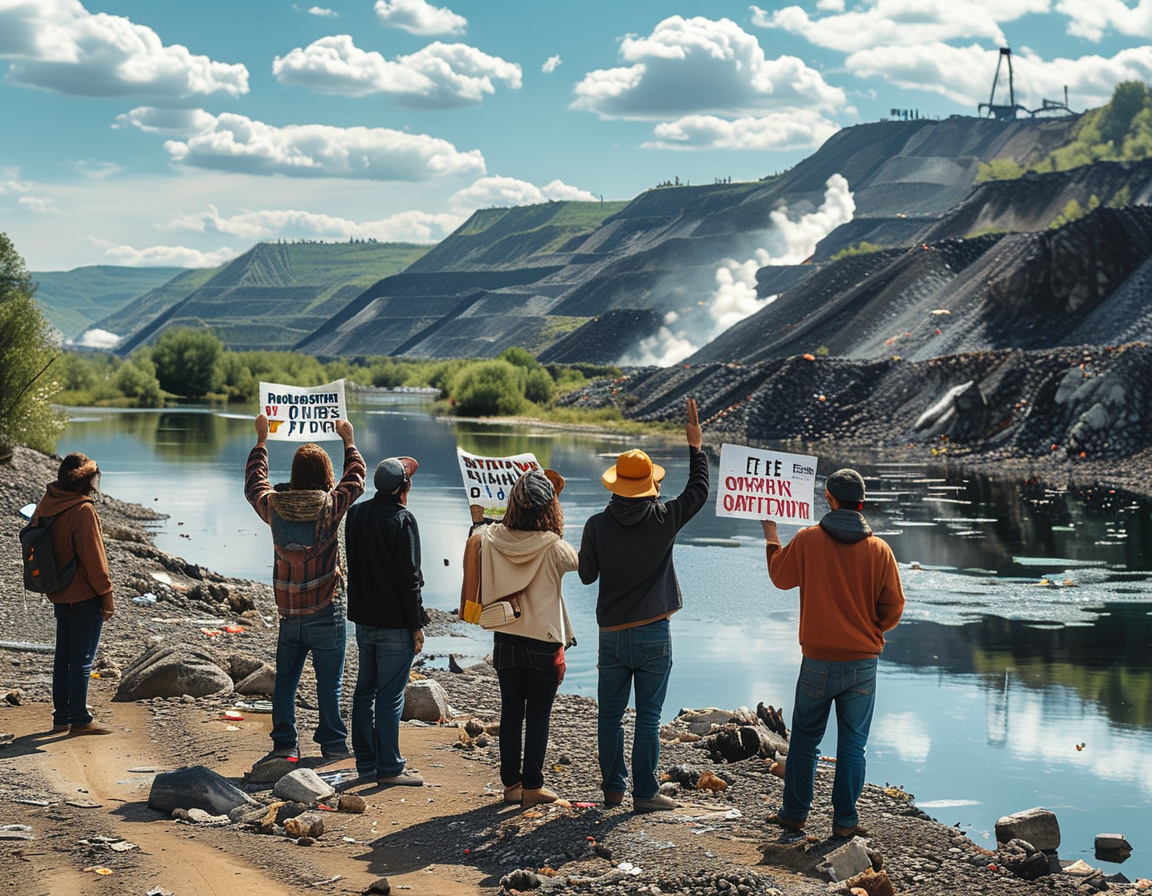 A group of concerned citizens gathered by a river, holding protest signs against mining practices, highlighting the impact on their community's water supply.