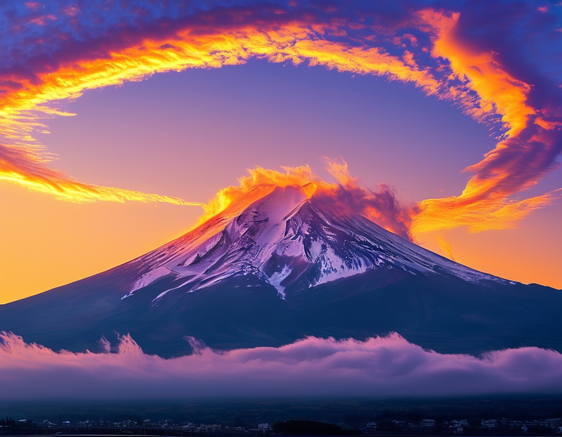 The image showcases Mt. Fuji at dawn, with a spectacular sunrise casting vibrant orange and purple hues, framed by a mesmerizing cloud formation that resembles a dragon soaring across the sky.