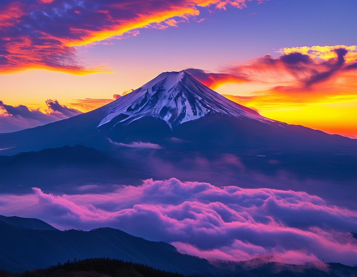 A sweeping view of Mt. Fuji bathed in early morning light, where dragon-like clouds weave through the sky, creating an enchanting contrast against the mountainous silhouette.