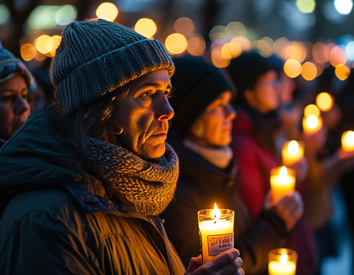 A somber scene showing a candlelight vigil with people gathered to honor Tiger Bech, holding candles and signs expressing love and remembrance for the fallen athlete.