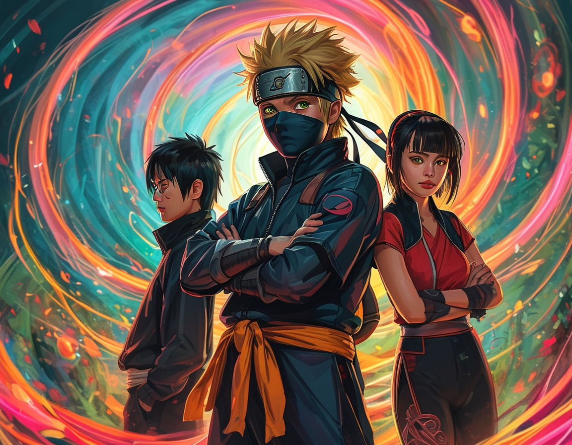 An illustration capturing Naruto Uzumaki in his ninja attire, determined and ready for battle, with Sasuke and Sakura by his side in a vibrant, dynamic landscape filled with swirling chakra and iconic symbols of the Leaf Village.