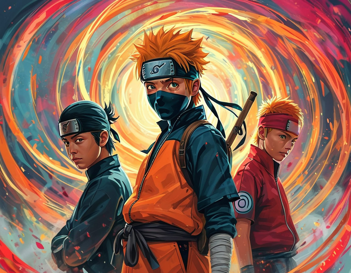 A scene showcasing an epic battle between Naruto and Sasuke, surrounded by colorful energy effects, evoking feelings of tension and excitement as they demonstrate their unique techniques.