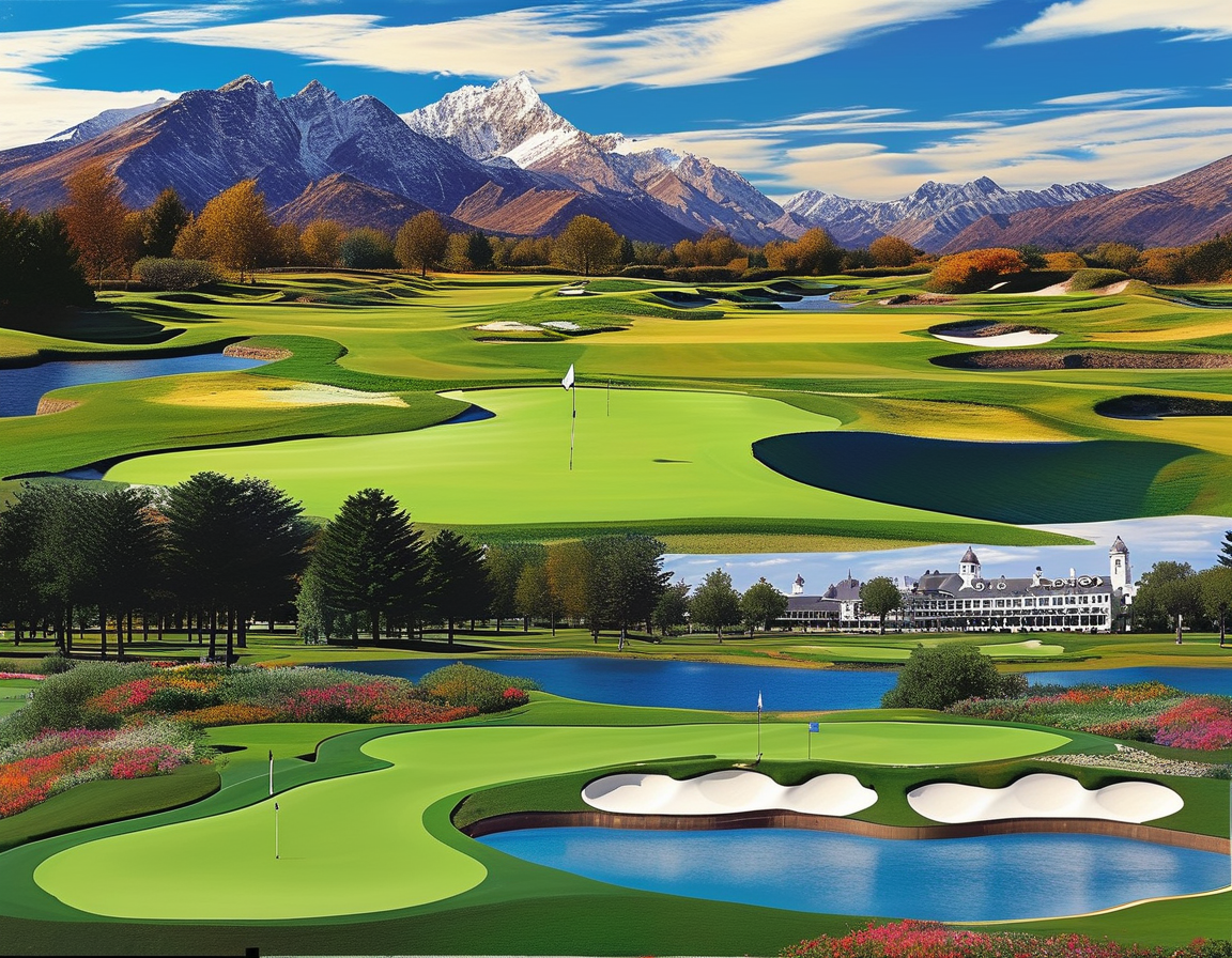 A golfer practicing on a lush course with mountains in the background, symbolizing the excitement of the upcoming 2025 golf season and major tournaments like the Masters and PGA Championship.
