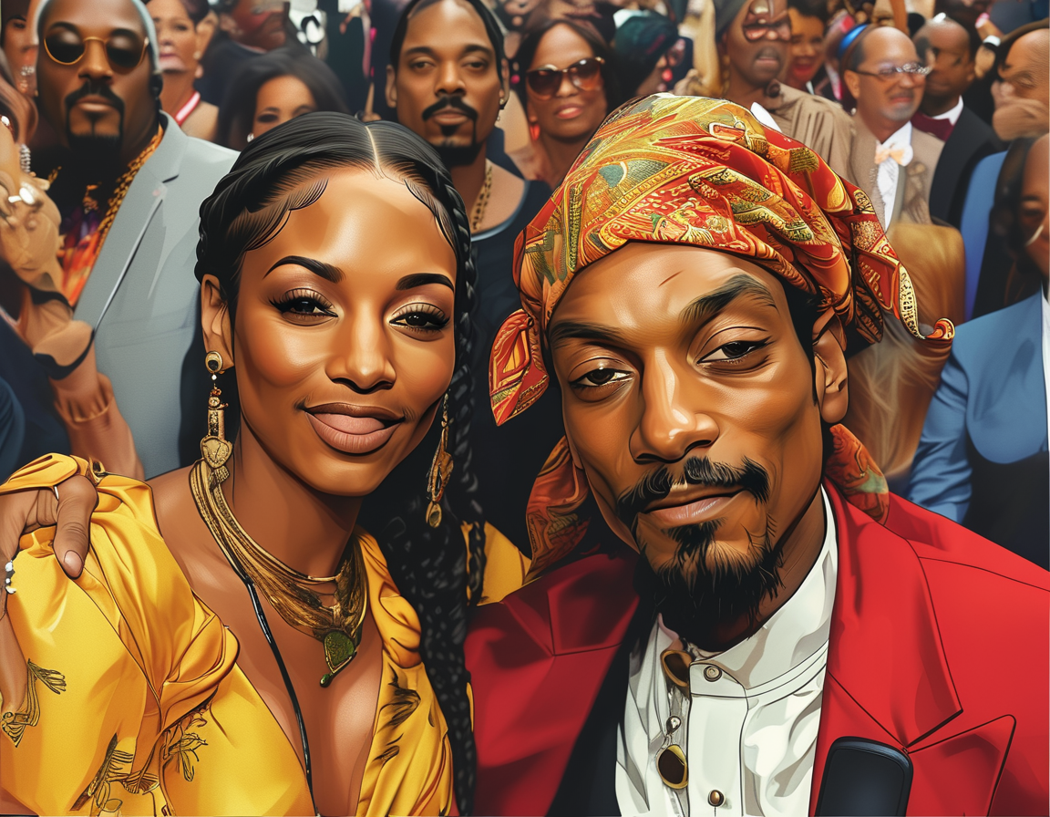 An illustration depicting Snoop Dogg and Shante Broadus at their wedding, surrounded by family and friends, capturing the joy and love of their special day.