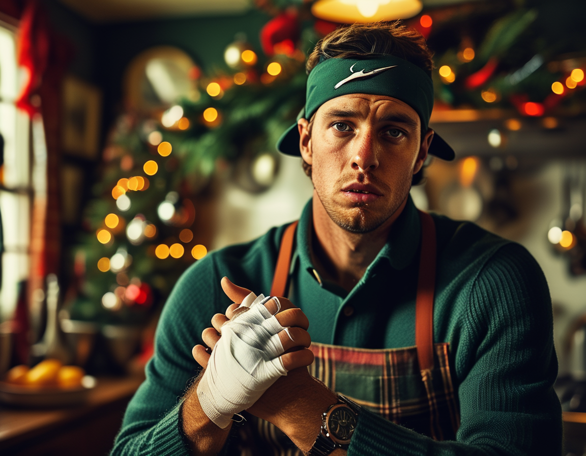 An image of Scottie Scheffler in a festive kitchen, with a concerned expression, holding his injured hand wrapped in a bandage while holiday decorations are in the background.