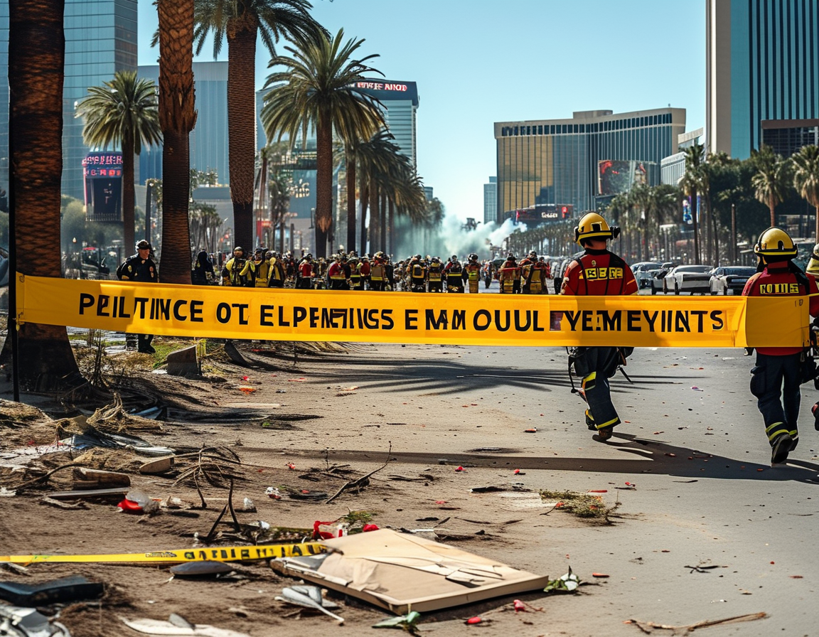 An image depicting the aftermath of the Las Vegas explosion, with emergency responders at the scene and a banner reading 'Public Safety Matters' to symbolize the urgent need for community support.