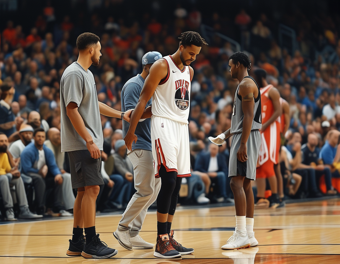 A close-up shot of the Detroit Pistons bench, showing worried players and coaches watching the game as they react to Jaden Ivey's injury, conveying the team's bond and camaraderie.