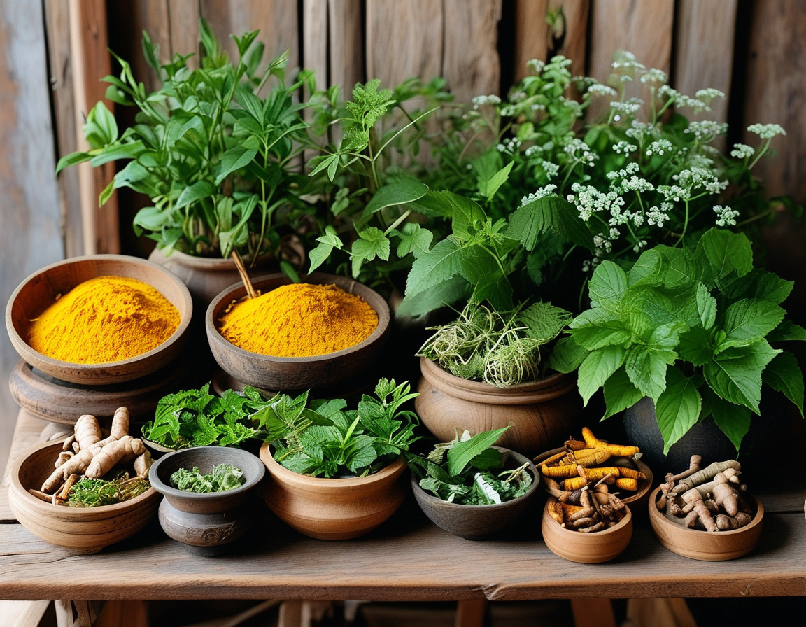 An array of traditional Vietnamese herbs displayed on a rustic wooden table, showcasing turmeric, pennywort, and other natural plants known for their healing properties.