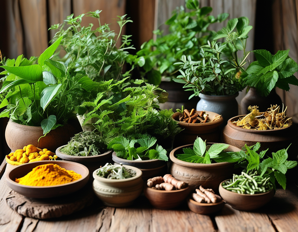 Close-up of fresh turmeric roots and leaves alongside a small bowl of turmeric powder, symbolizing its medicinal benefits and usage in natural healing practices.