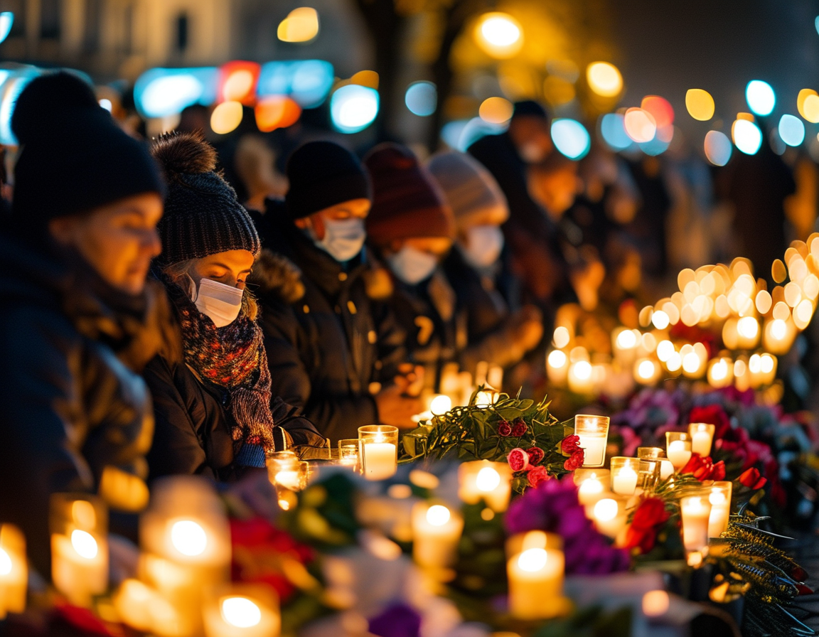 A candlelight vigil held on Bourbon Street, with attendees gathered to honor and remember the victims of the New Year's truck attack, surrounded by flowers and heartfelt messages.