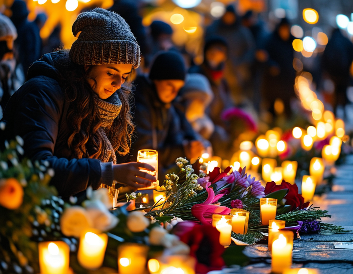 A heartfelt tribute wall filled with photos and memories of the victims, showcasing the lives lost and the love shared by family and friends in mourning.