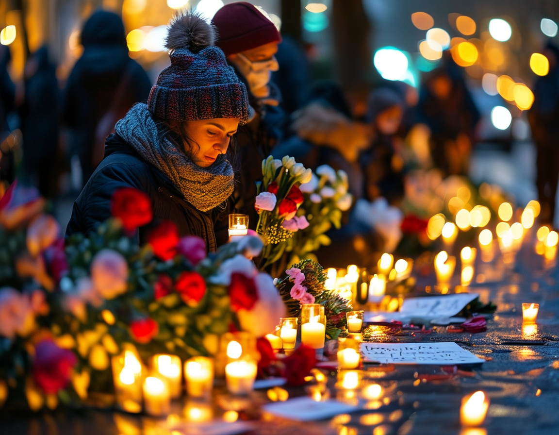A diverse group of community members joining hands in solidarity, standing together in a moment of reflection and support for those affected by the tragedy.