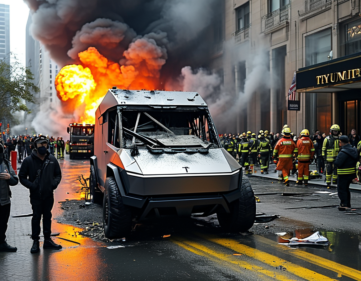 An image depicting the aftermath of the Cybertruck explosion outside the Trump International Hotel, with smoke billowing into the sky, emergency responders in action, and onlookers in shock.