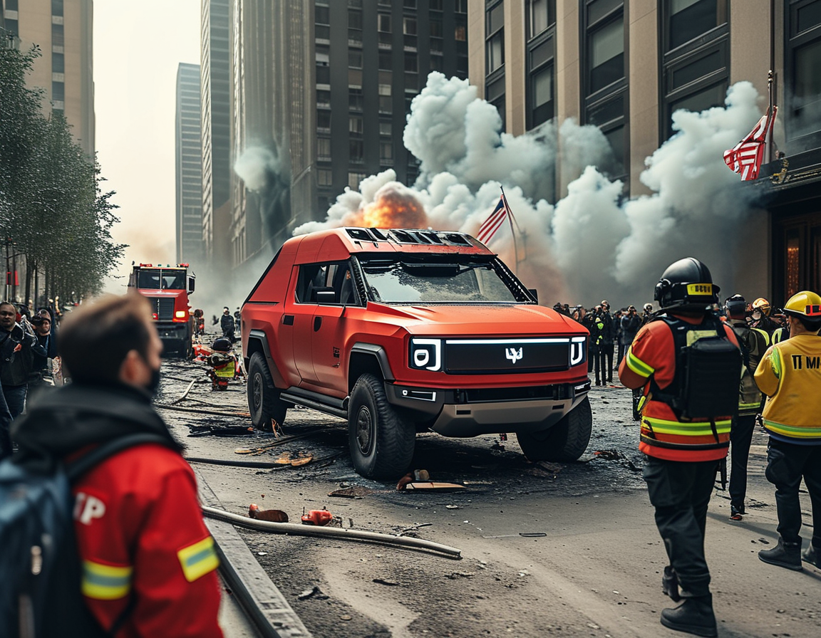 A somber scene showing the Trump International Hotel with police barricades, investigators on-site, and distressed witnesses capturing the magnitude of the explosion's impact.