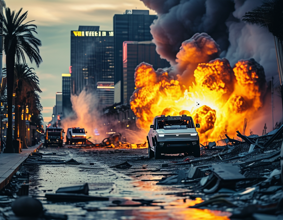 An image illustrating the Las Vegas Strip with emergency responders and debris from the Cybertruck explosion, capturing the chaos and tragedy of the incident.